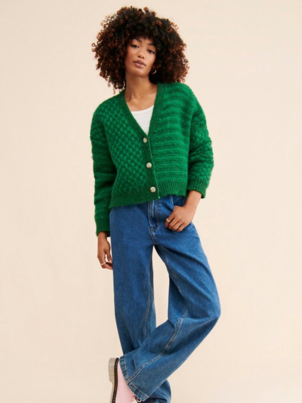 RAGA Anthropologie Emerald City Cardigan Green Vneck Button Checkered Stripes 1X - Picture 2 of 8